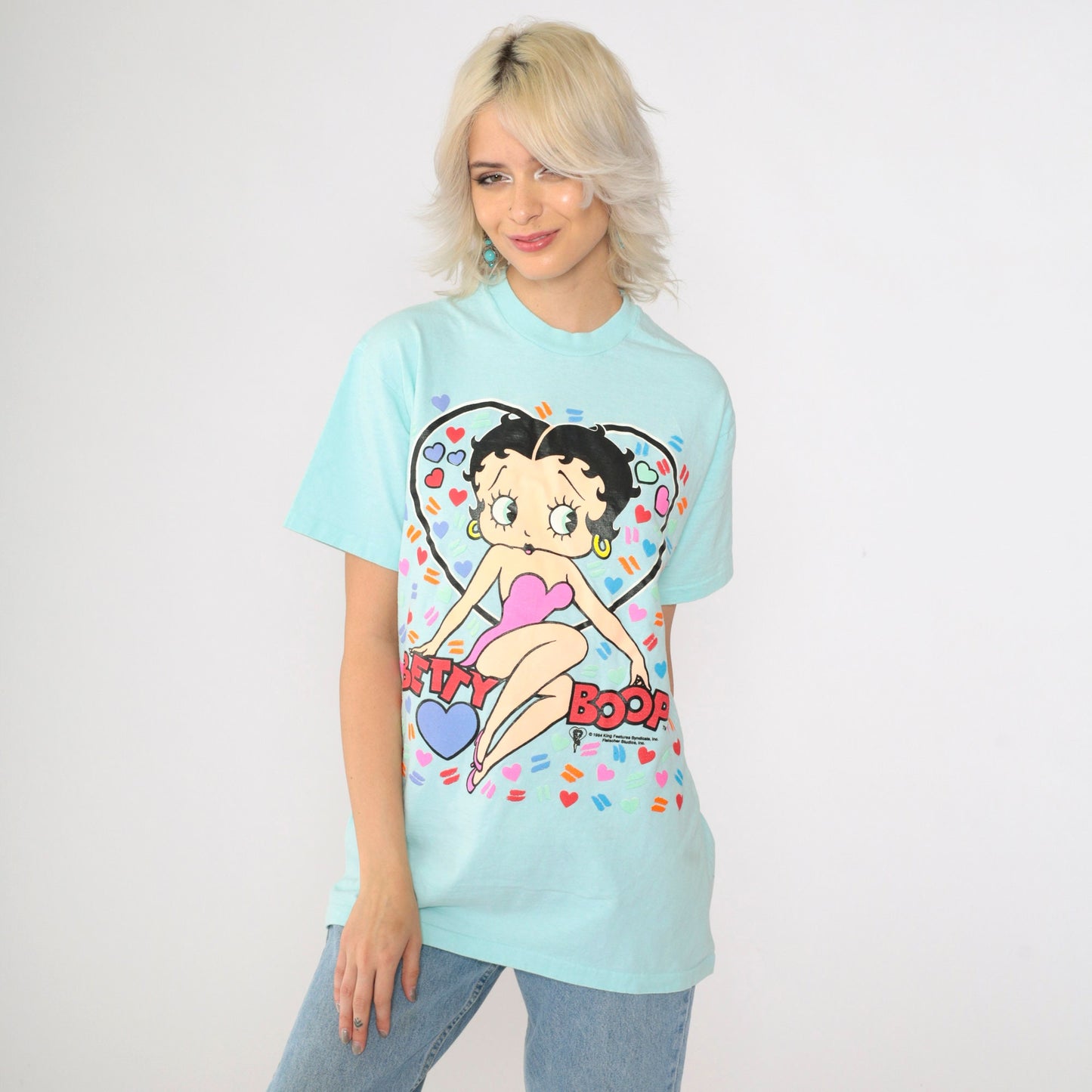 90s Betty Boop Heart Graphic T-Shirt Aqua Single Stitch Medium
