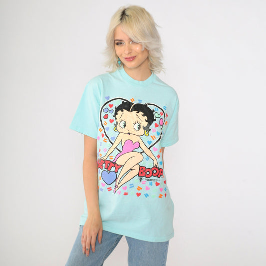 90s Betty Boop Heart Graphic T-Shirt Aqua Single Stitch Medium