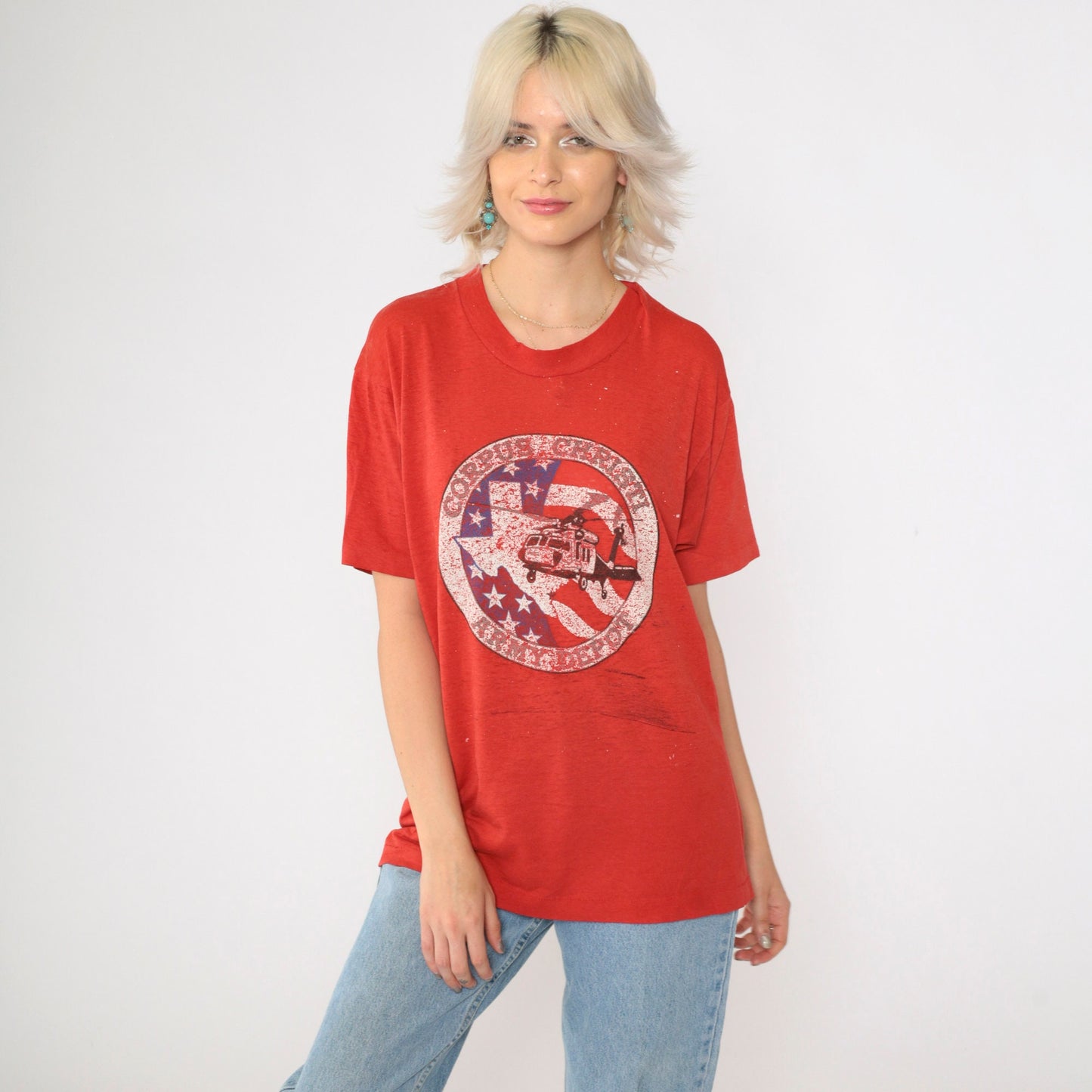 80s Corpus Christi Army Depot Helicopter Graphic T-Shirt Red Screen Stars Medium