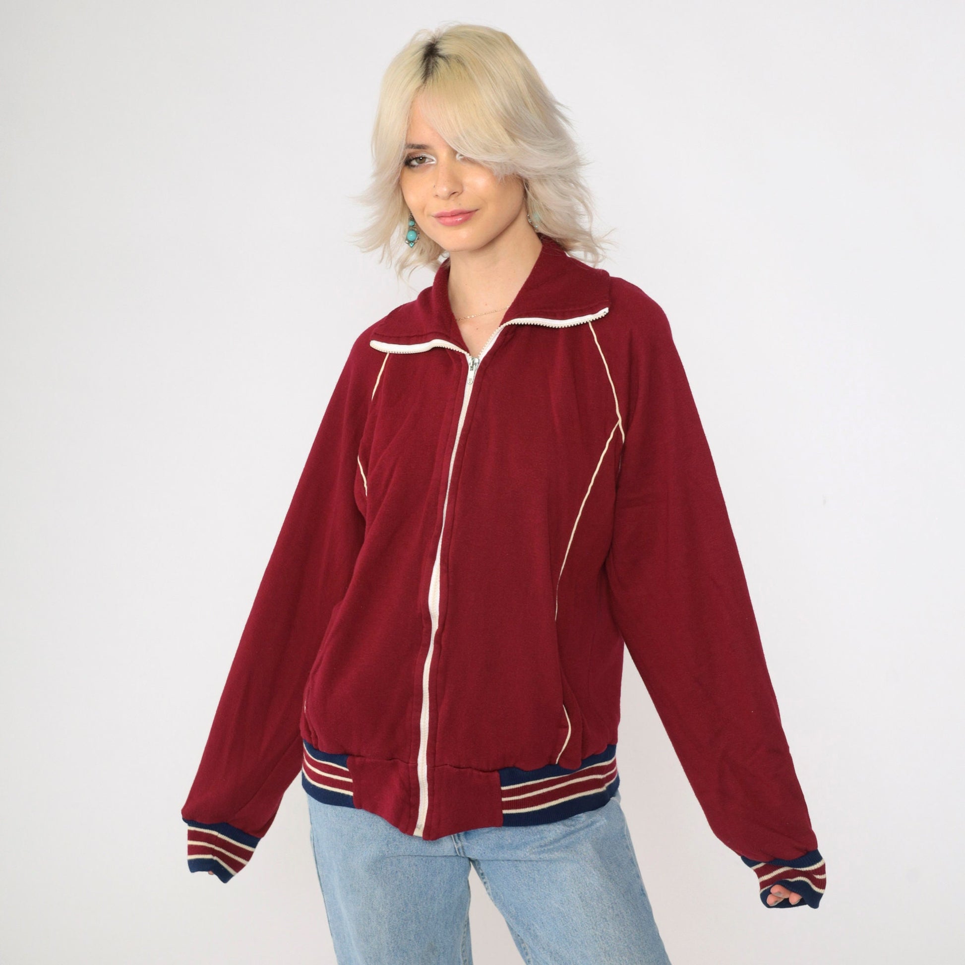80s Burgundy Track Jacket Zip Up Sweatshirt White Striped Raglan Medium M