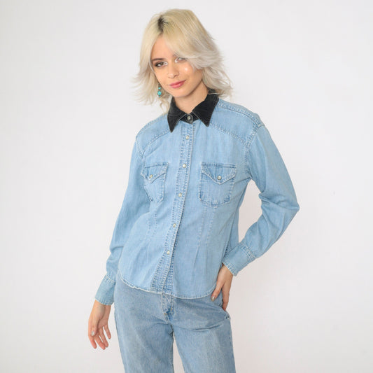 90s Express Jeans Denim Western Shirt Pearl Snap Velvet Collar Blue Small