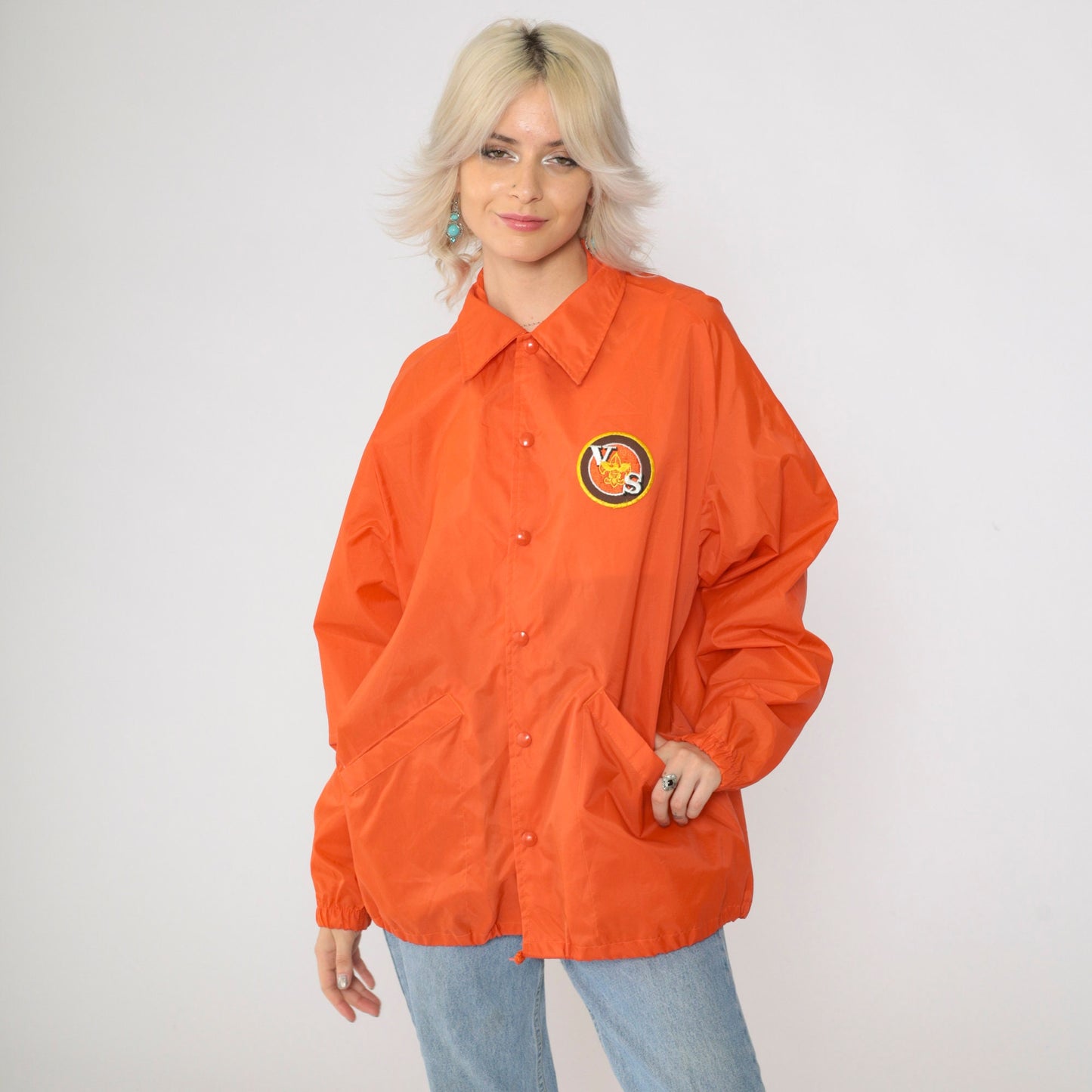 70s Boy Scouts of America Varsity Scout Orange Nylon Windbreaker Jacket Large L