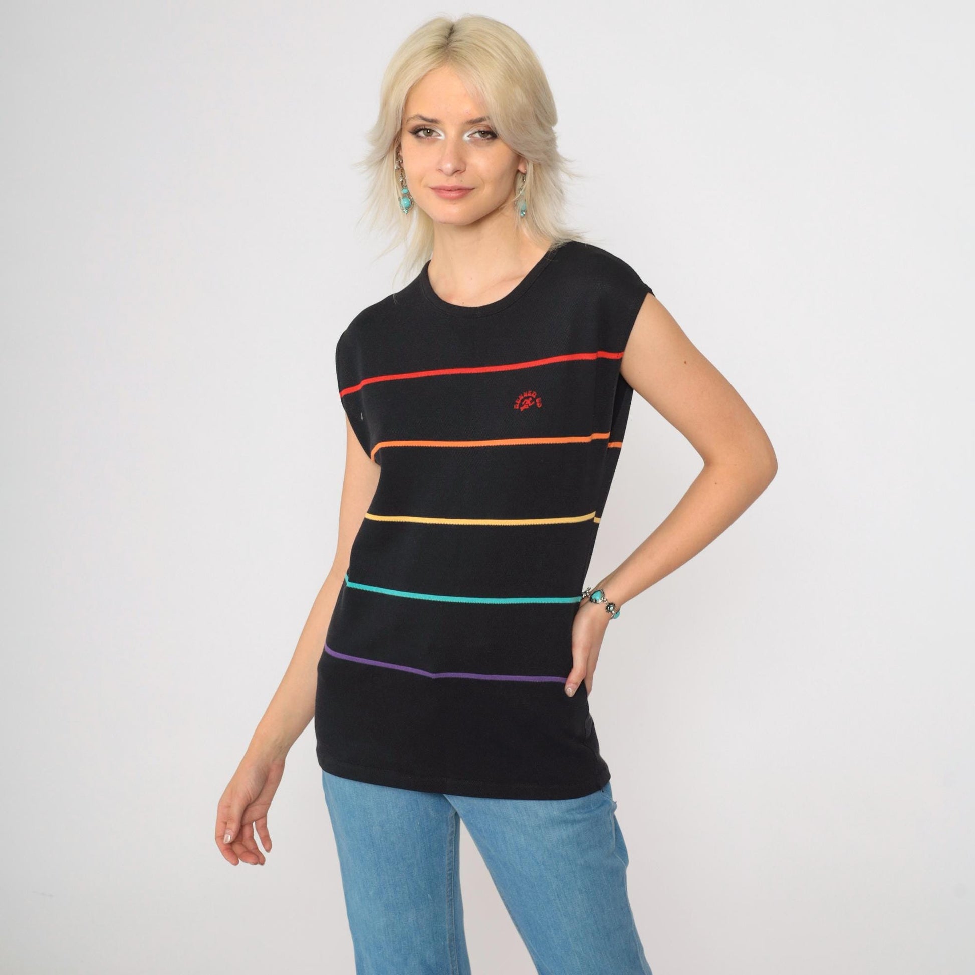 80s Runners Up Rainbow Striped Tank Top Black Muscle Shirt Small