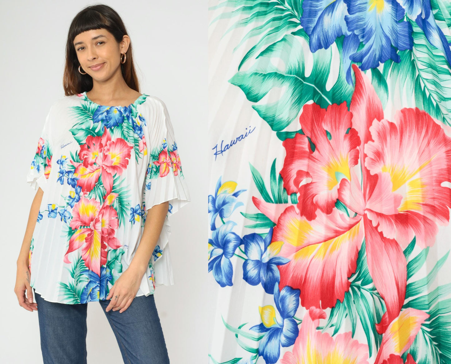 70s Royal Creations Hawaiian Caftan Top Floral Pleated Kimono One Size
