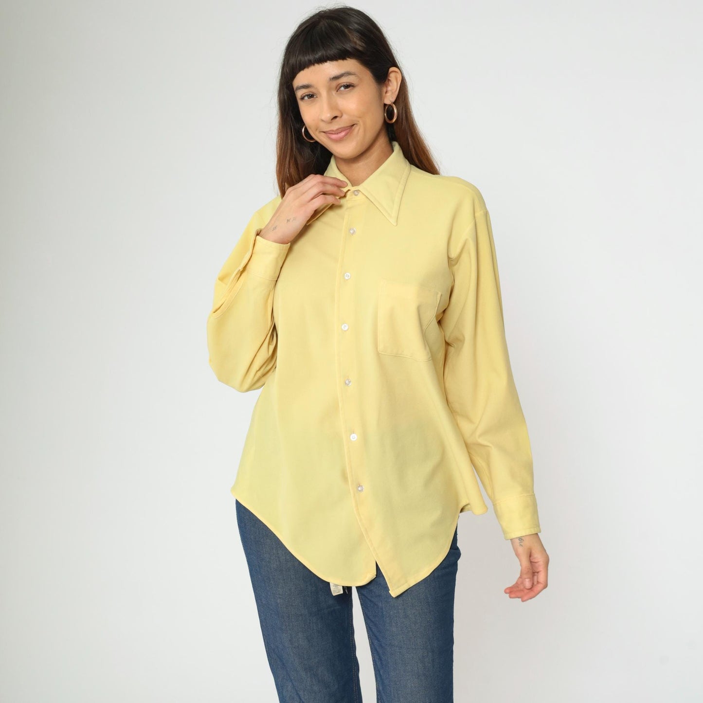70s Van Heusen Yellow Pointed Collar Button-Up Shirt Long Sleeve Large