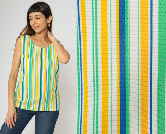 70s Striped Tank Top Scoop Neck Sleeveless Blouse Yellow Green Blue Small