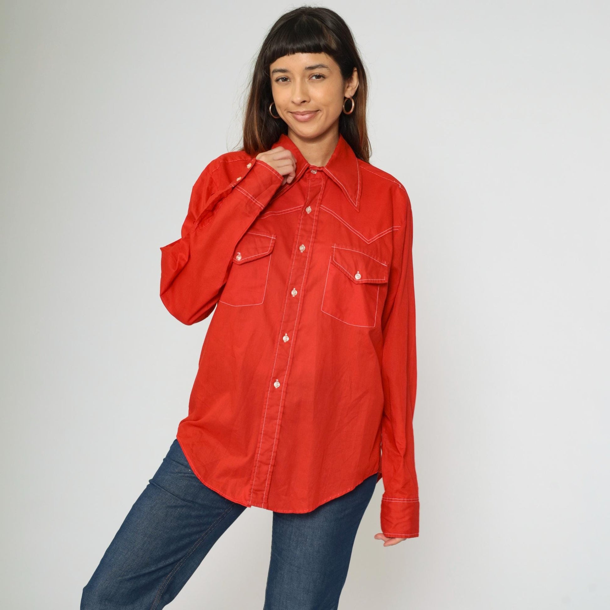 70s Van Cort Western Shirt Red Dagger Collar Topstitch Button Up Large