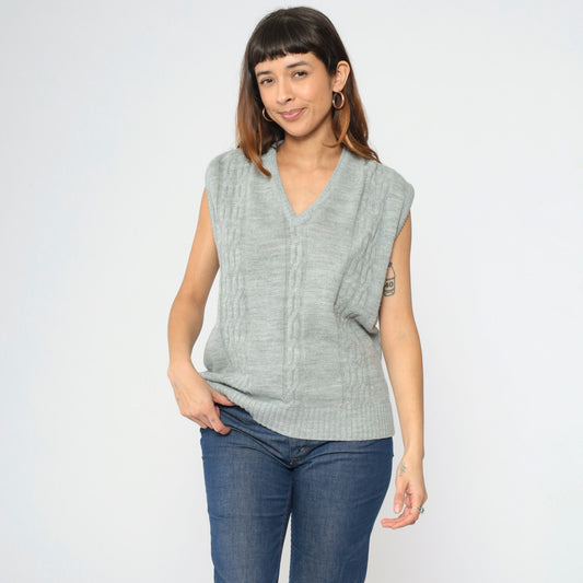 90s Steeplechase Cable Knit Vest Grey V-Neck Sleeveless Pullover Large L