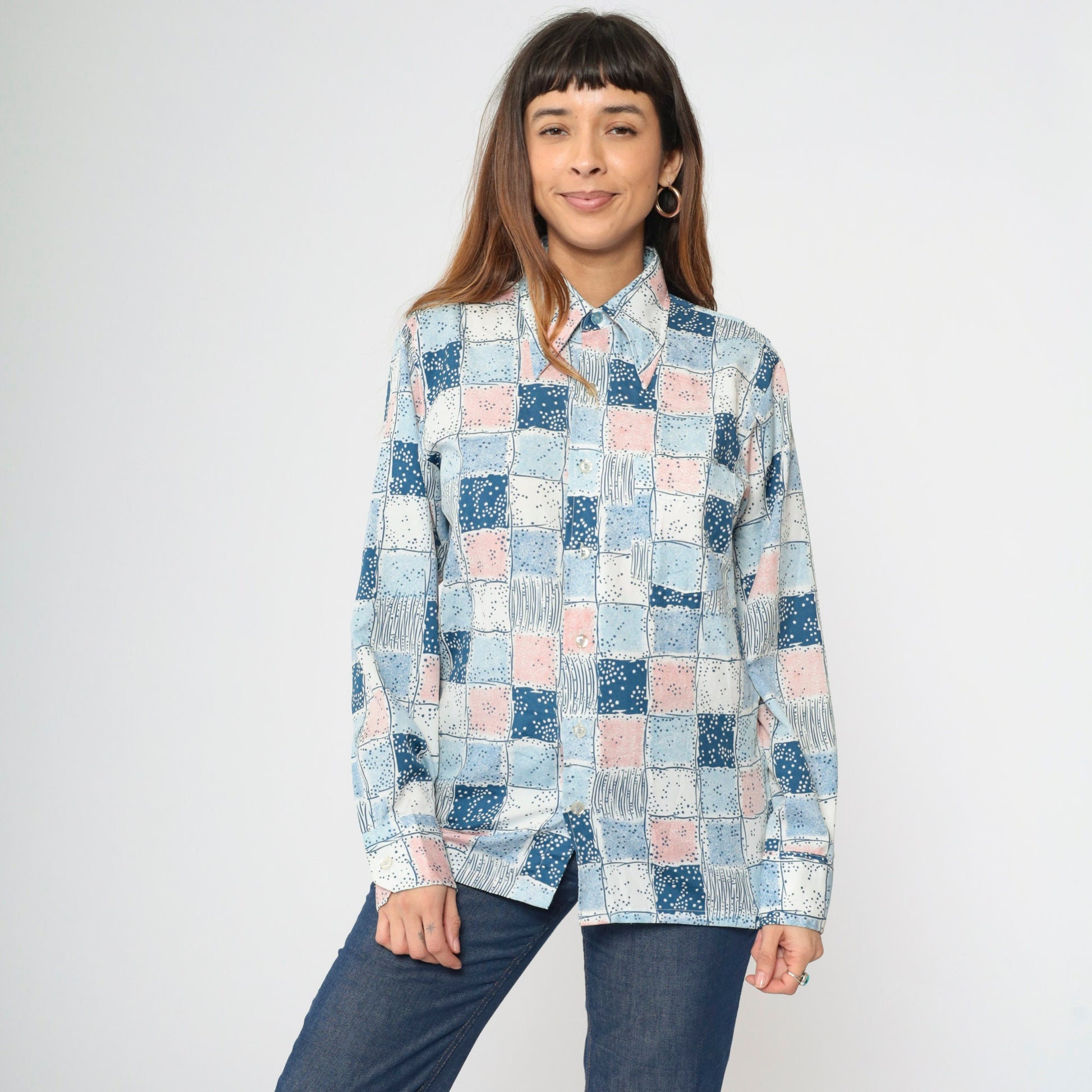 70s Checkered Button-Up Shirt Pink Blue Dagger Collar Long Sleeve Men's Medium