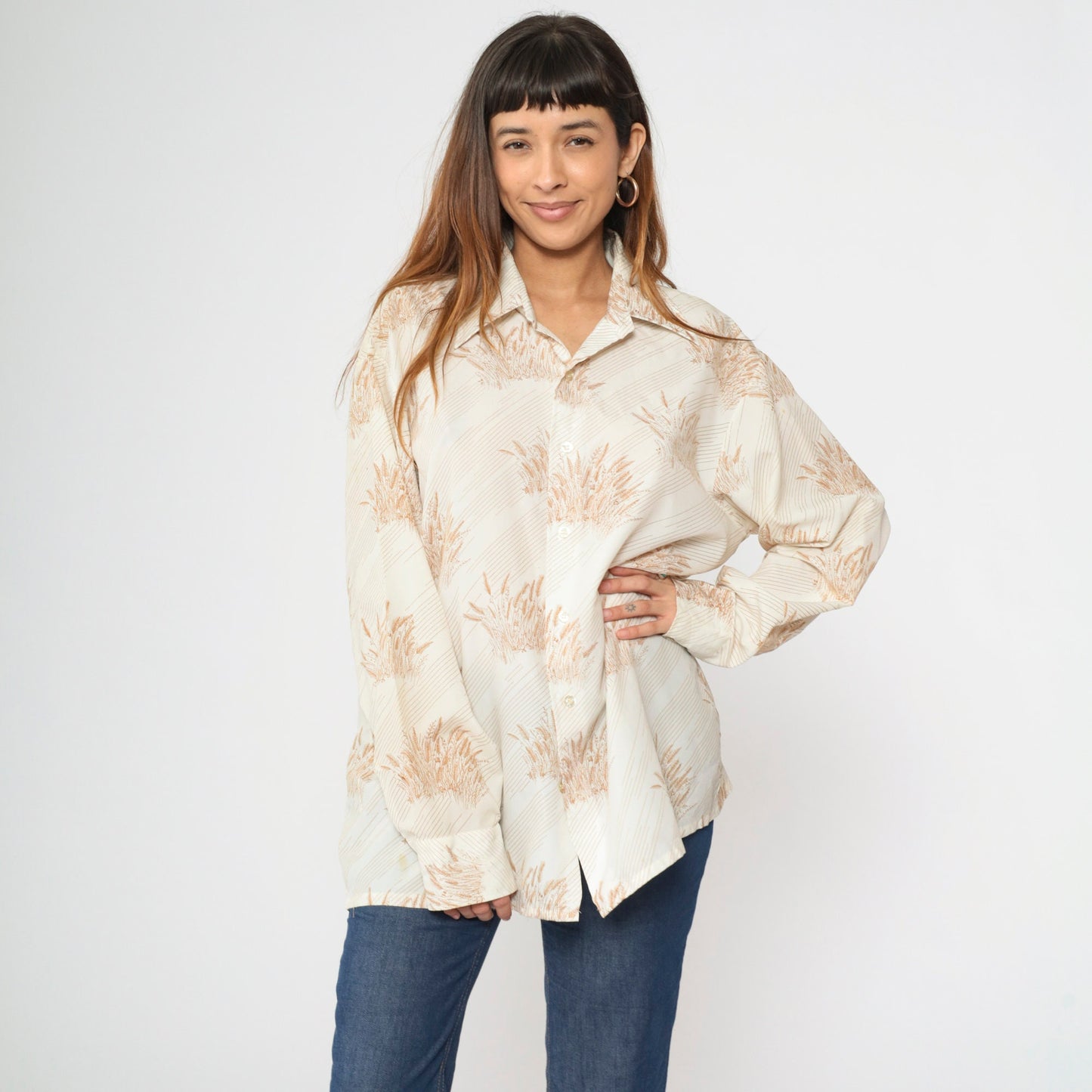 70s Farah Wheat Print Dagger Collar Button-Up Shirt White Men's XXL