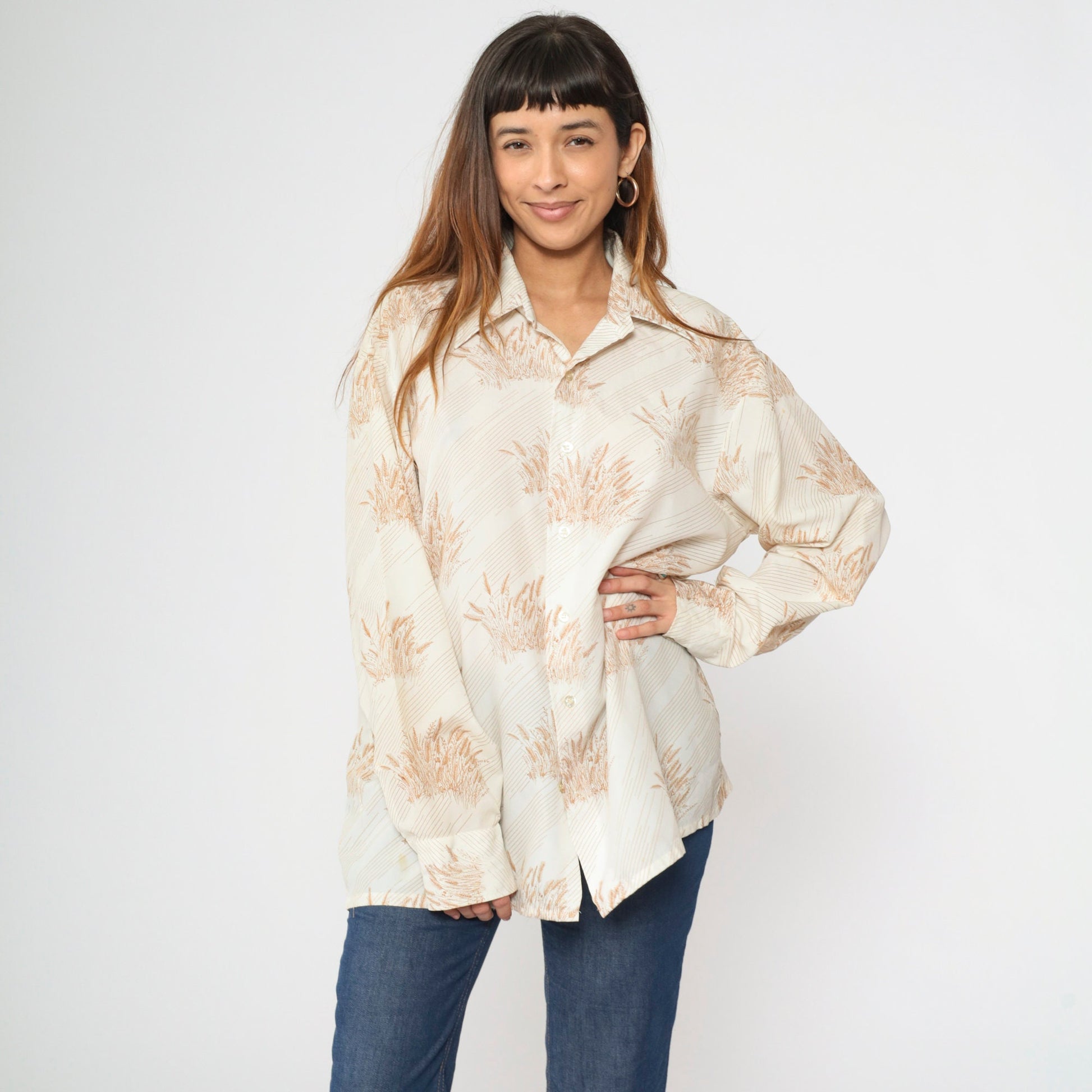 70s Farah Wheat Print Dagger Collar Button-Up Shirt White Men's XXL