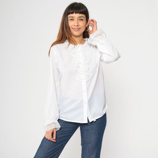 70s White Lace Jabot Blouse Long Sleeve Button Up Ruffle Neckline Medium