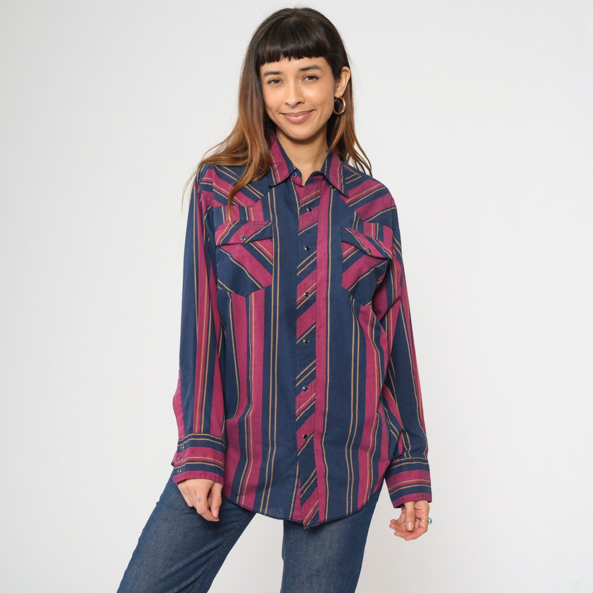 80s Rustler Western Shirt Pearl Snap Blue Fuchsia Striped X-Long Tails Extra Large