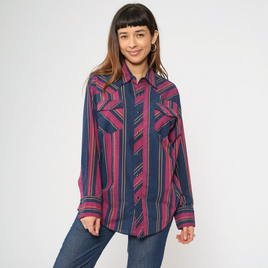 80s Rustler Western Shirt Pearl Snap Blue Fuchsia Striped X-Long Tails Extra Large