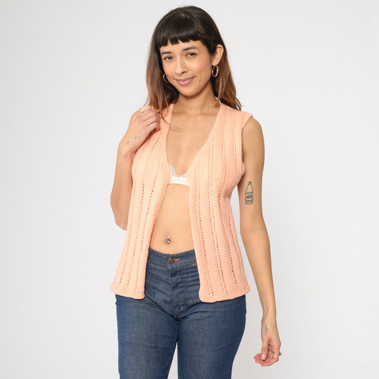 70s Peach Knit Vest Open Front Openwork Sleeveless Top Small
