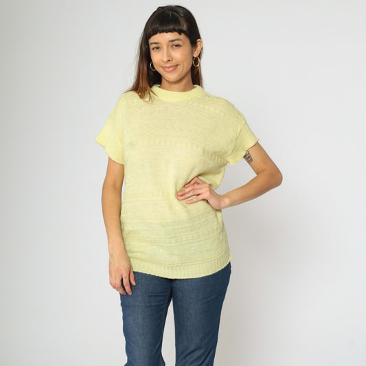 80s Light Yellow Textured Knit Short Sleeve Sweater Striped Zig Zag Medium