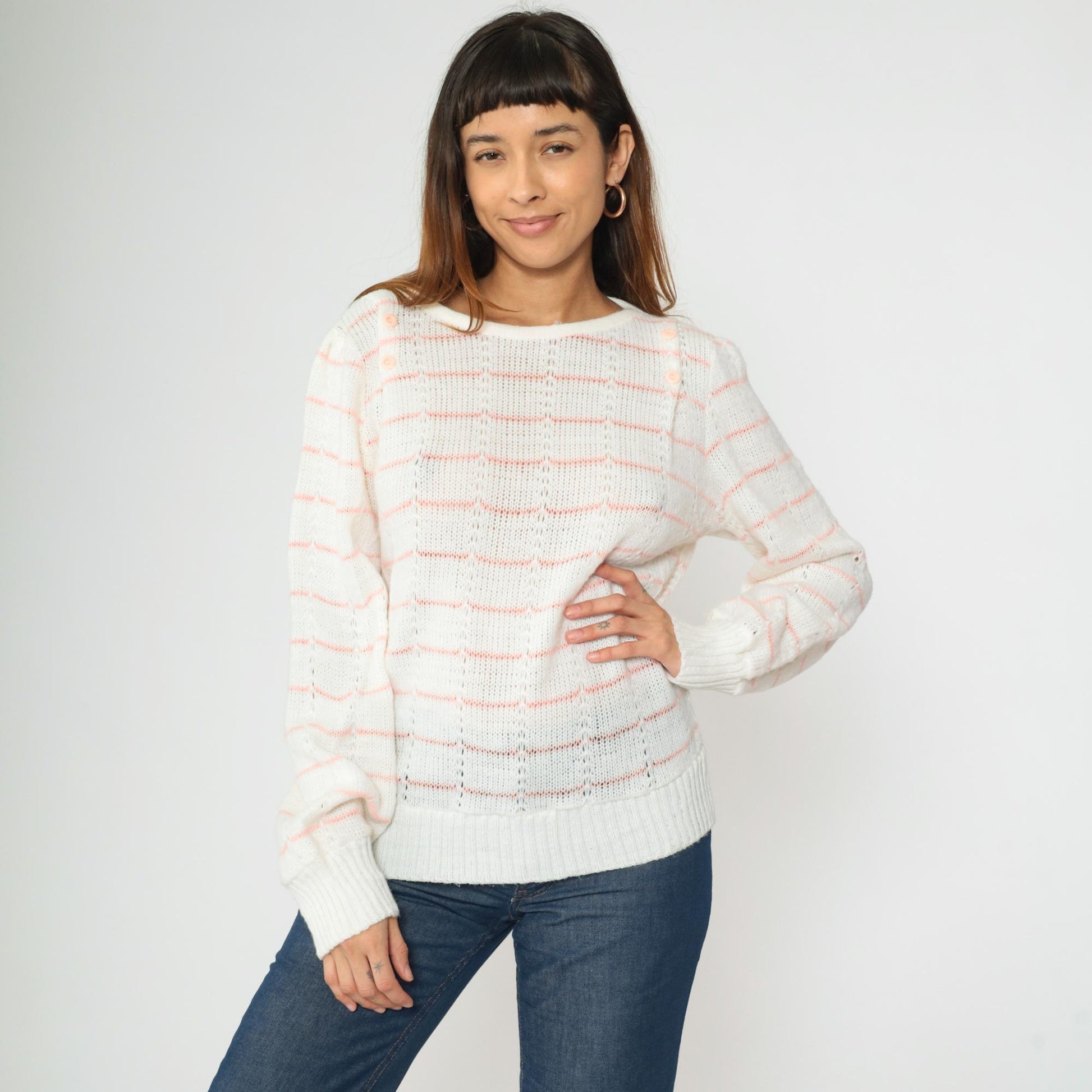 80s White Pink Striped Puff Sleeve Knit Sweater Boatneck Pullover Small Medium