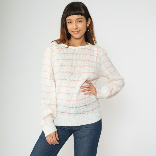 80s White Pink Striped Puff Sleeve Knit Sweater Boatneck Pullover Small Medium
