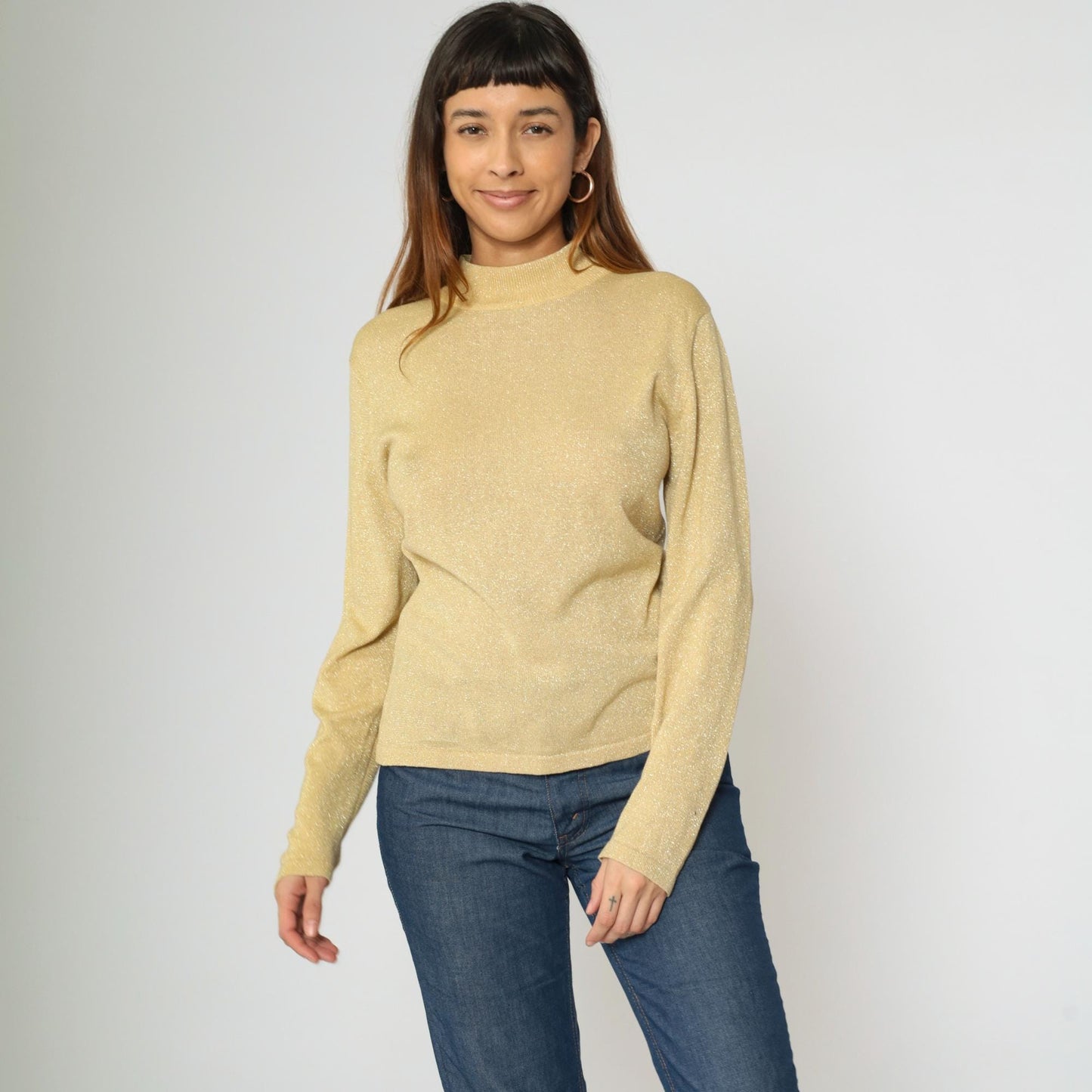 90s Metallic Gold Mock Neck Sweater Sparkly Knit Pullover Medium