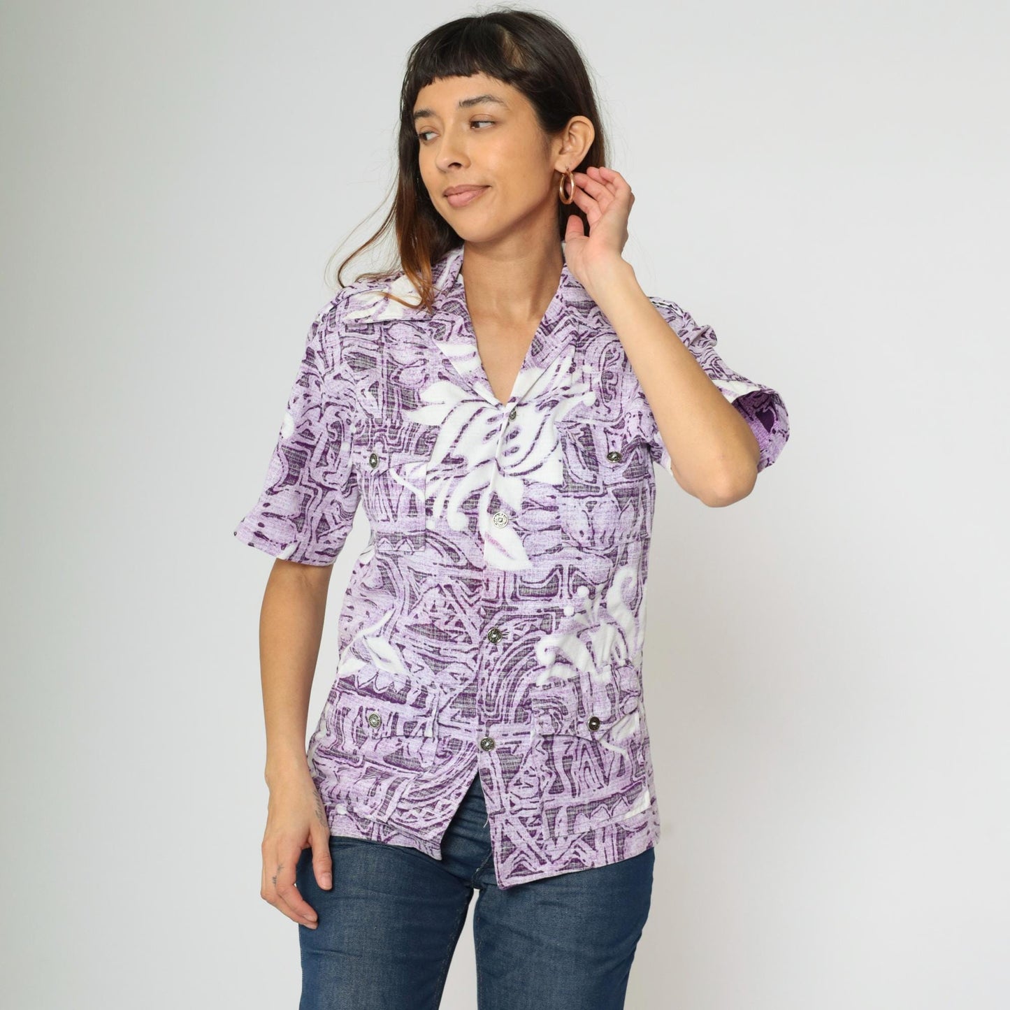 70s Rai Dani Hawaii Purple Floral Geometric Button-Up Shirt Extra Small