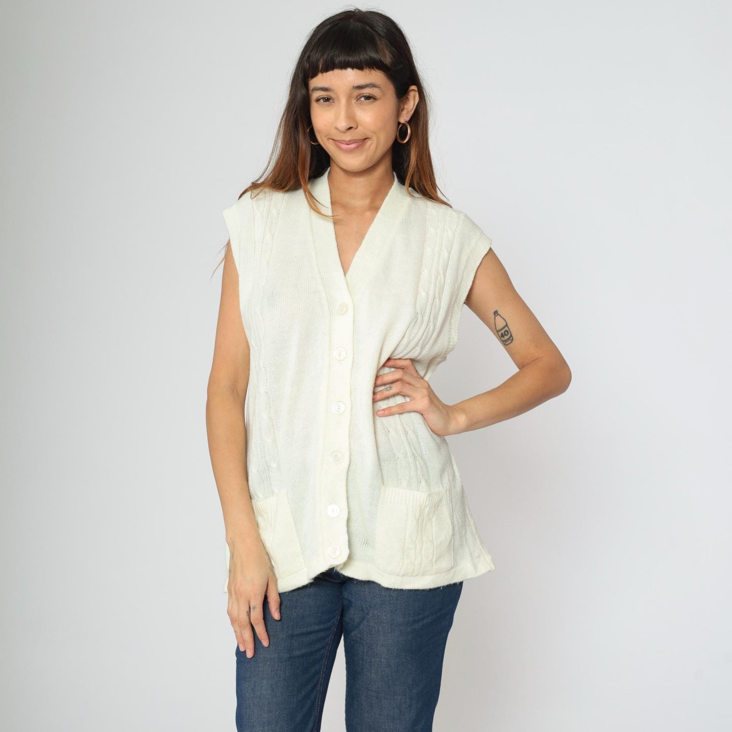 70s Cable Knit Vest Cream V-Neck Sleeveless Sweater Button-Up Large L