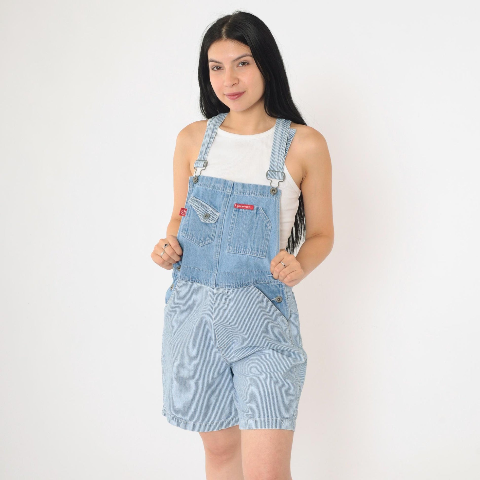 90s No Excuses Striped Denim Shortalls Blue White Hickory Bib Shorts Small