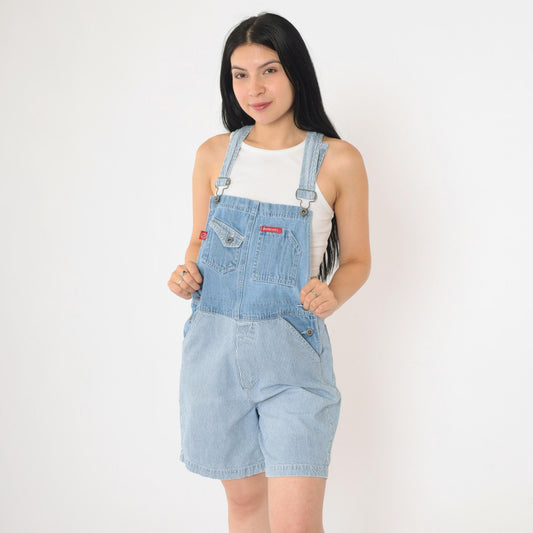 90s No Excuses Striped Denim Shortalls Blue White Hickory Bib Shorts Small