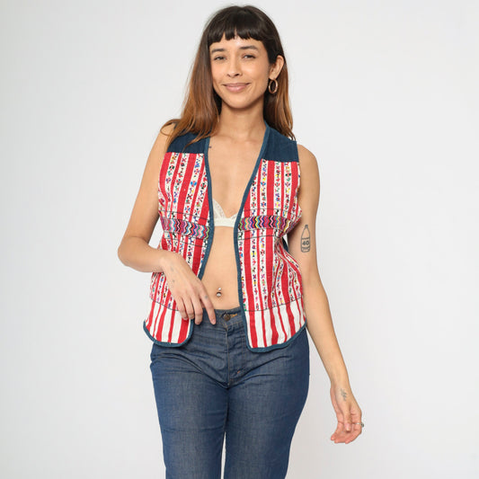 80s Guatemalan Embroidered Vest Red White Striped Animal Pattern Small