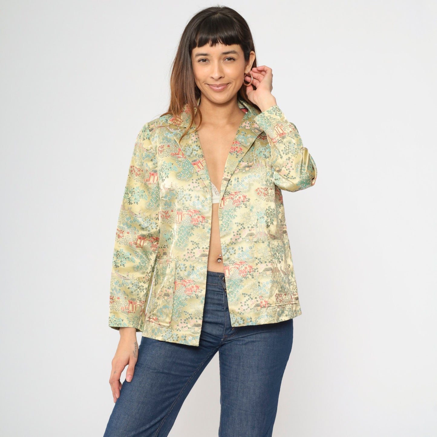 80s Asian Landscape Satin Blazer Yellow Pagoda Print Notched Collar Medium