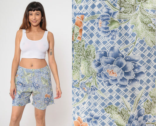 90s Lizwear Batik Floral Shorts Blue Cotton High Waist Small