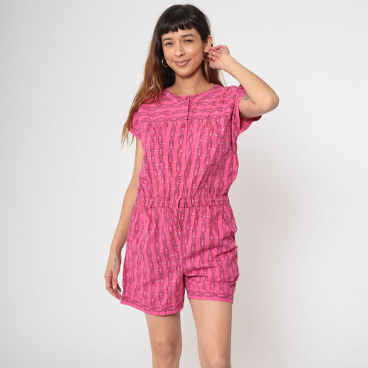 80s Bentley Pink Plaid Romper Button Front Short Sleeve Medium Large