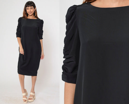 80s Black Puff Sleeve Shift Dress Midi Ruched Boatneck Medium
