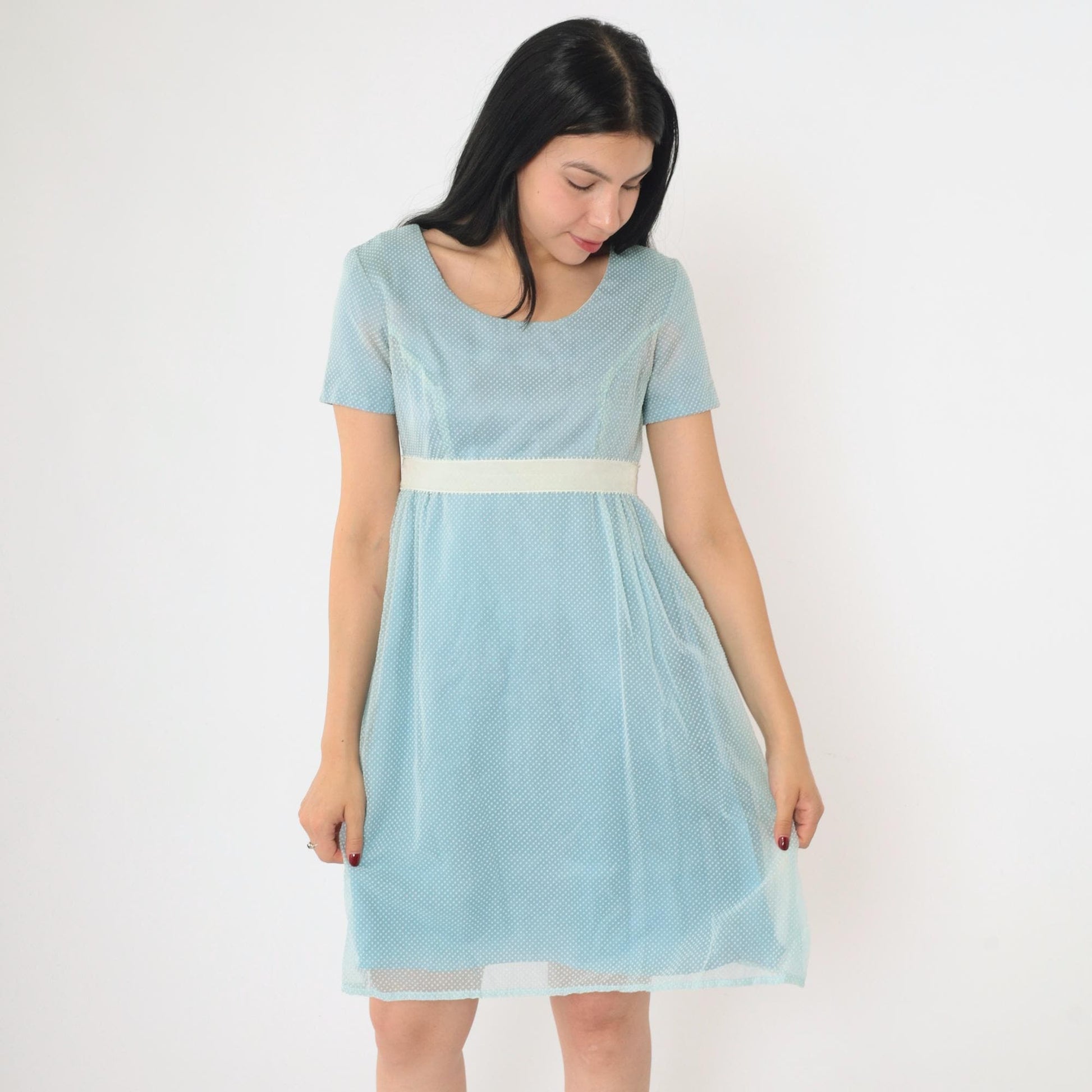 1970s Swiss Dot Babydoll Mini Dress Baby Blue Empire Waist Extra Small