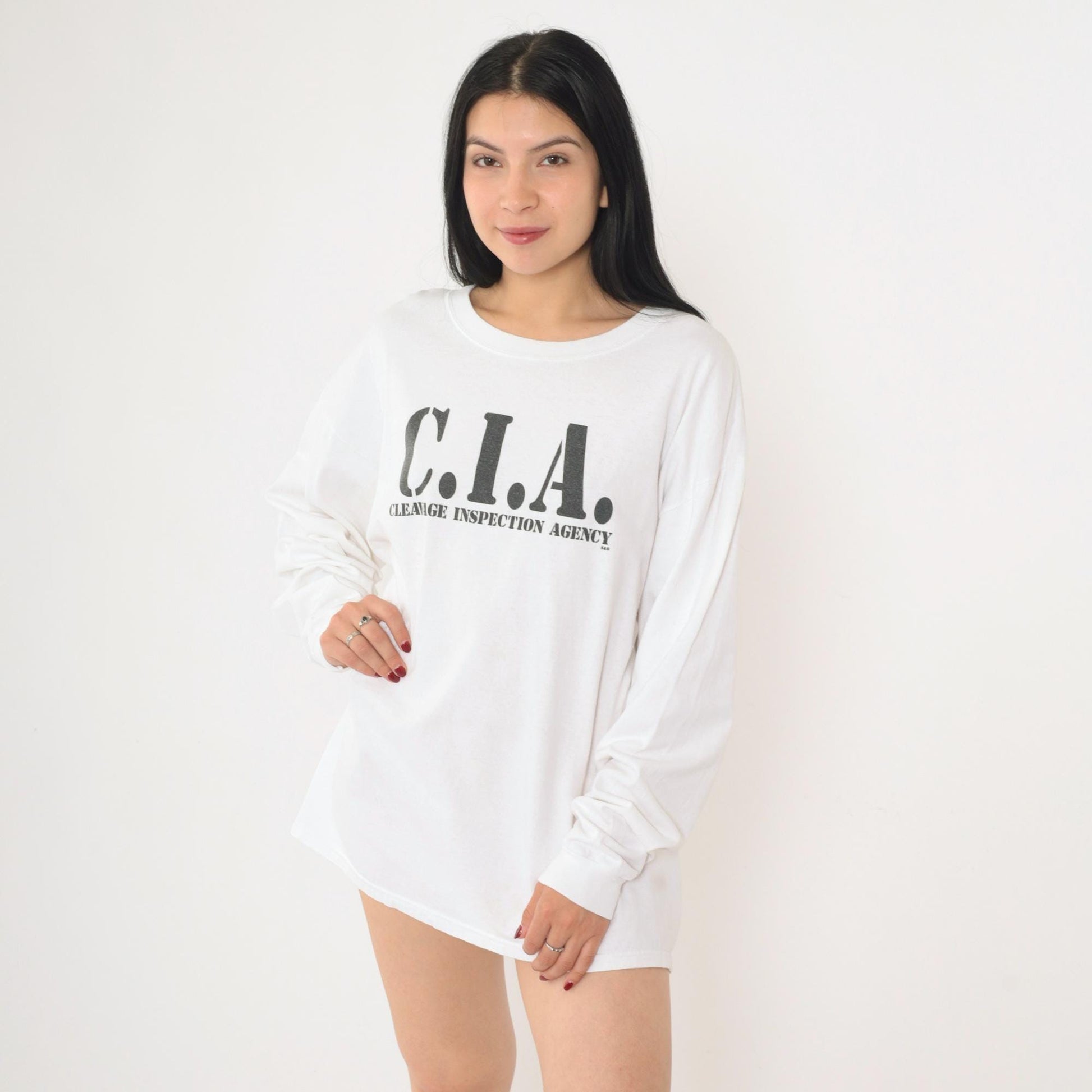 00s Steve & Barry's C.I.A. Cleavage Inspection Agency Long Sleeve Tee White Extra Large XL