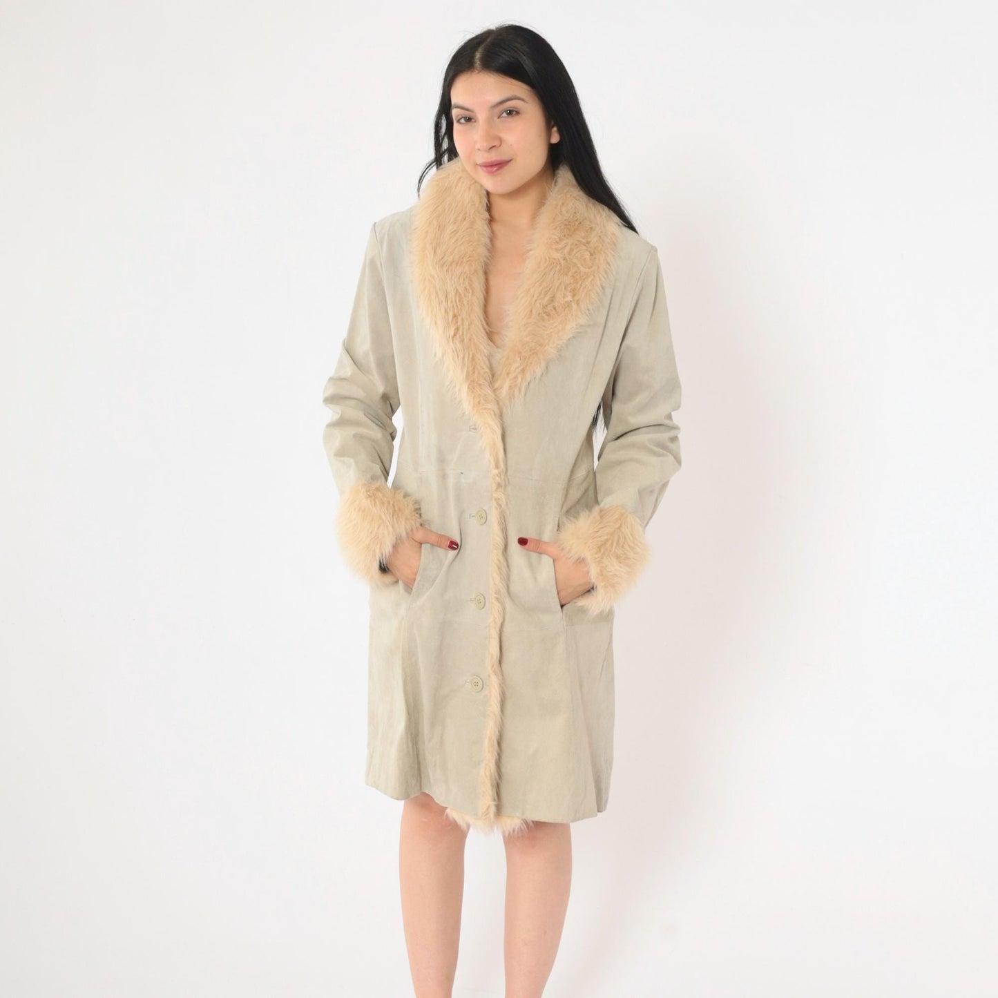 Y2K Grey Suede Jacket Faux Fur Trim Button Up Wilsons Medium