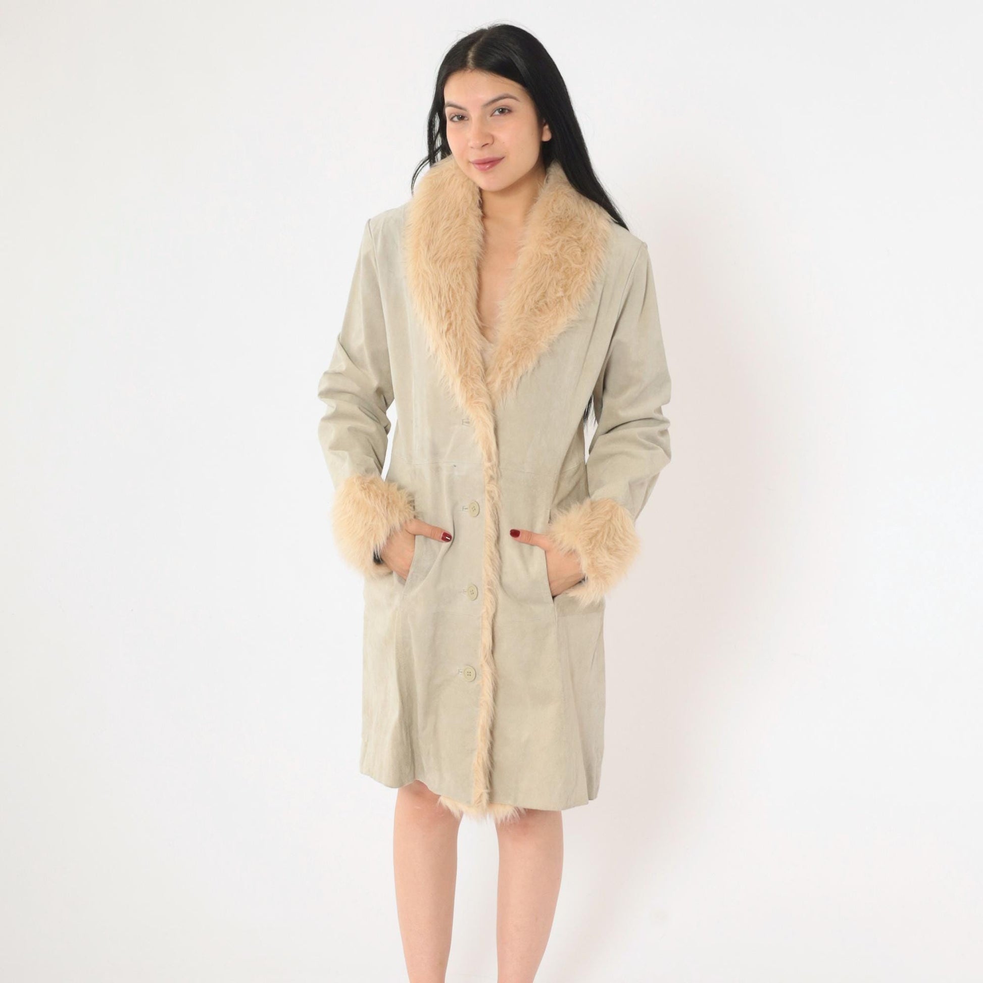 Y2K Grey Suede Jacket Faux Fur Trim Button Up Wilsons Medium
