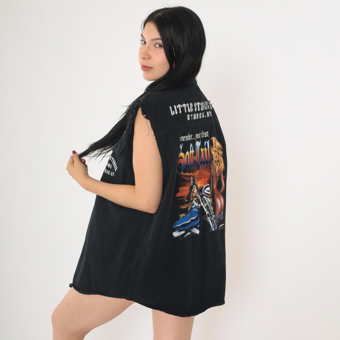 00s Little Sturgis Kentucky Sleeveless Button-Up Biker Shirt Black Large