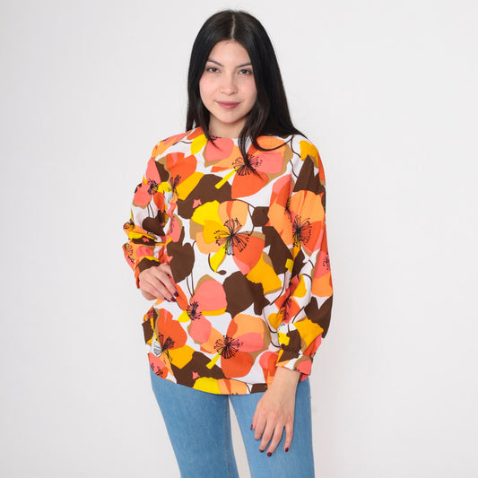 70s Floral Blouse Bright Tropical Coral Orange Long Sleeve Round Neck Medium