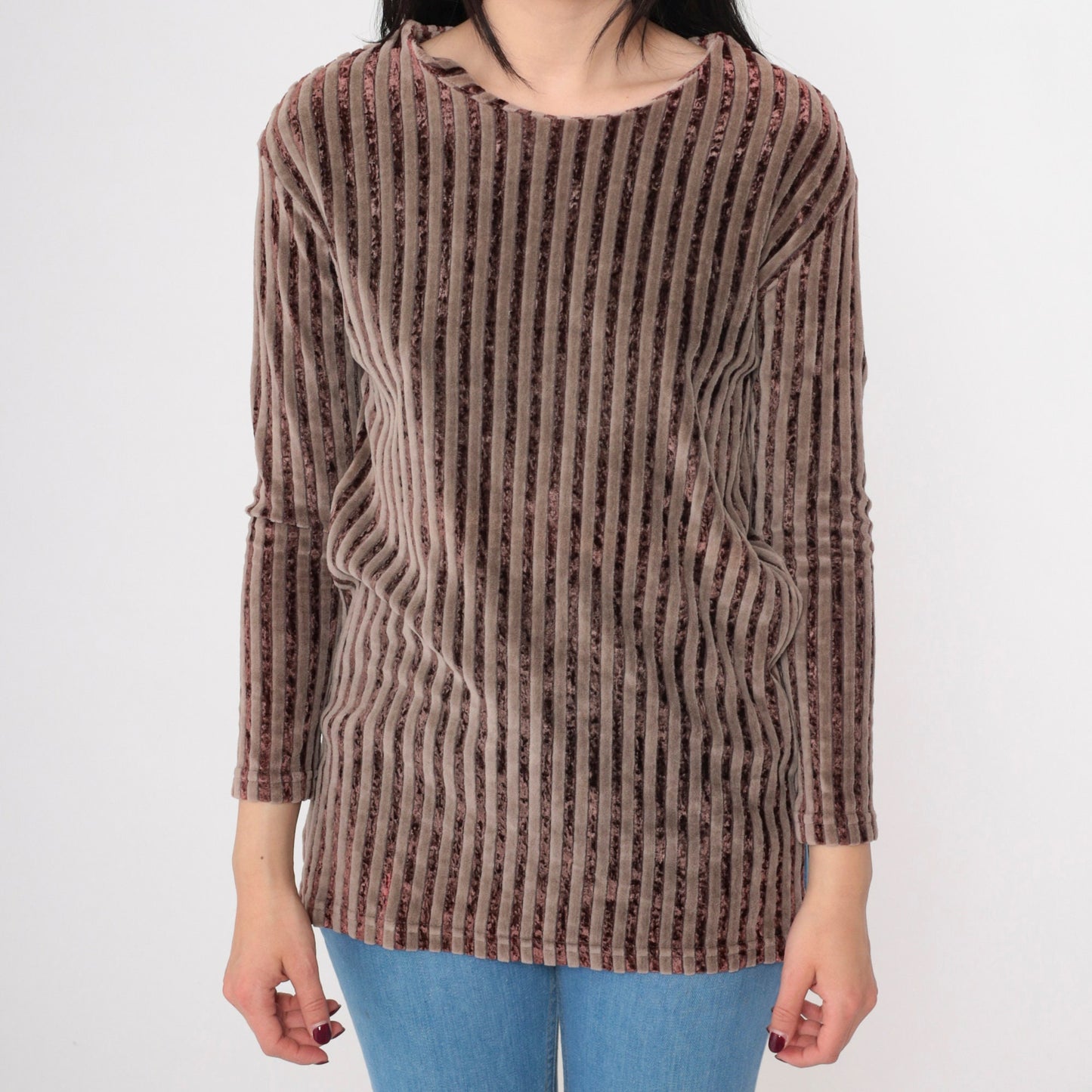 90s Brown Striped Velour Blouse Scoop Neck Long Sleeve Small