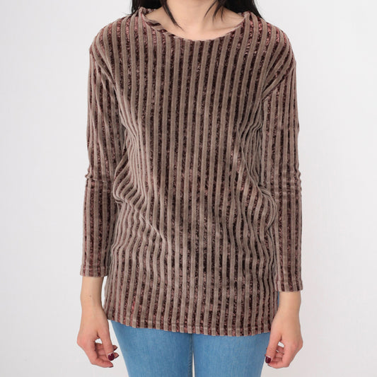 90s Brown Striped Velour Blouse Scoop Neck Long Sleeve Small
