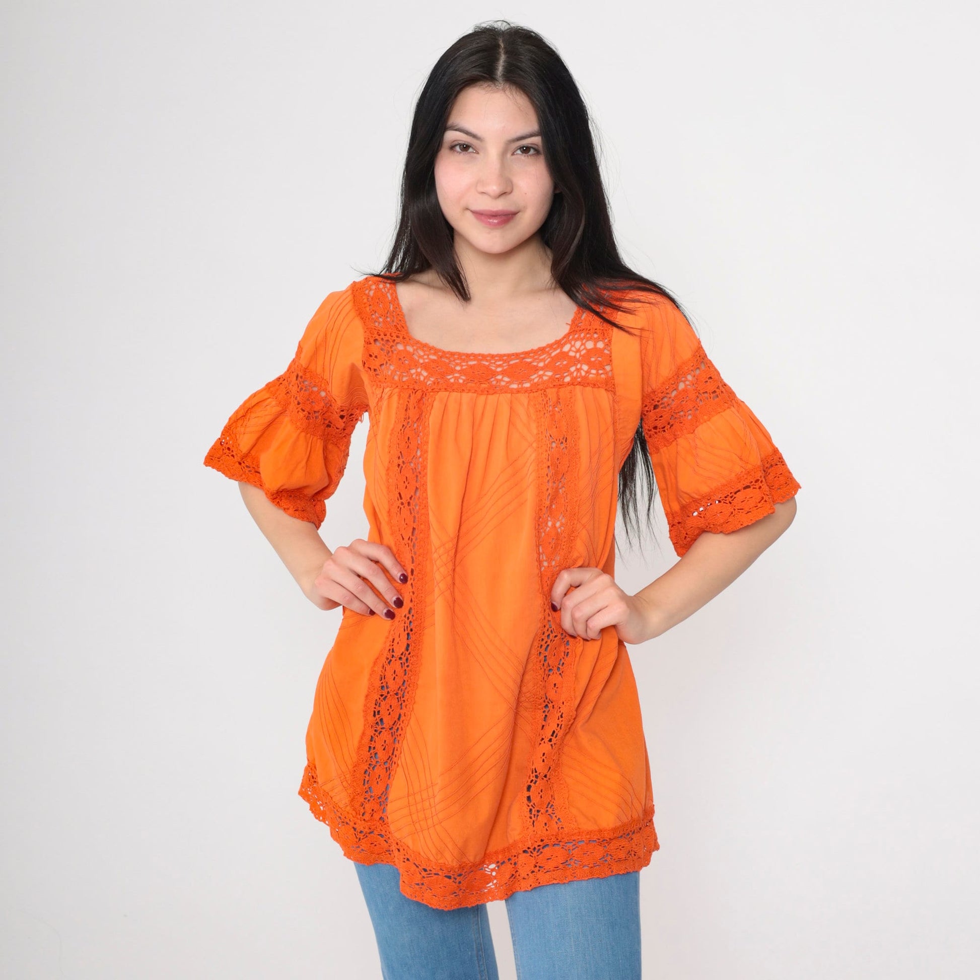 90s Orange Mexican Blouse Bell Sleeve Crochet Lace Tunic Medium