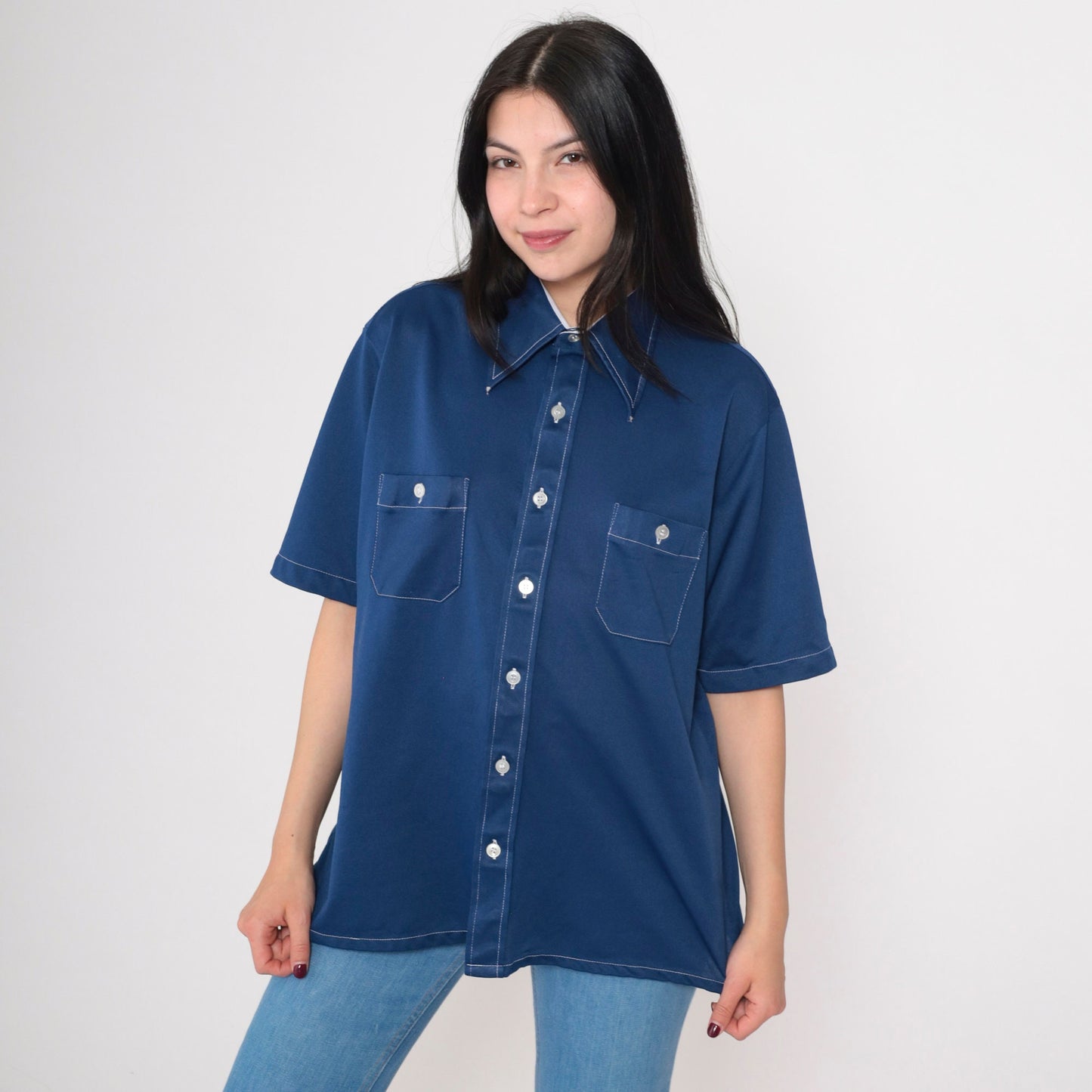 70s Arrow Doubler Navy Oxford Button-Up Shirt Dagger Collar Short Sleeve Large