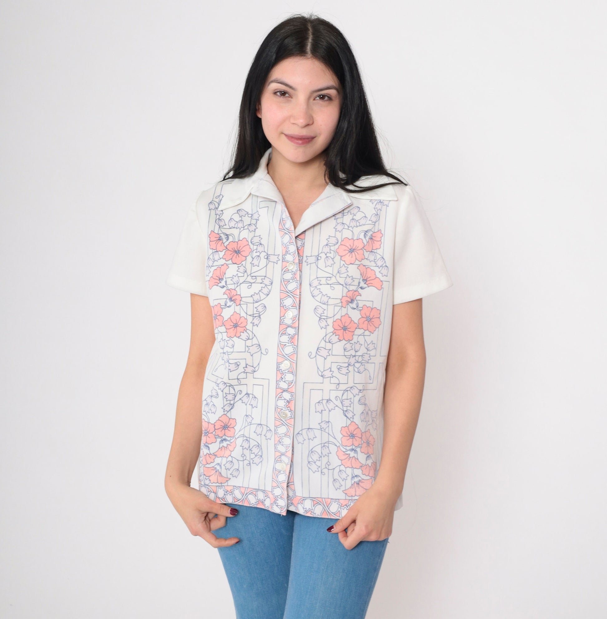 70s Floral Button-Up Blouse White Dagger Collar Short Sleeve Medium
