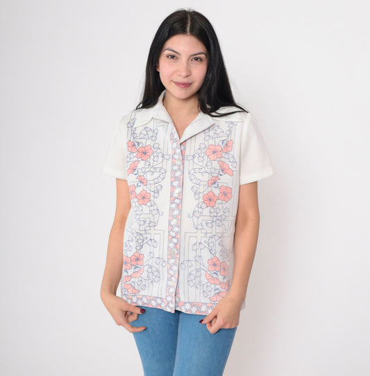 70s Floral Button-Up Blouse White Dagger Collar Short Sleeve Medium