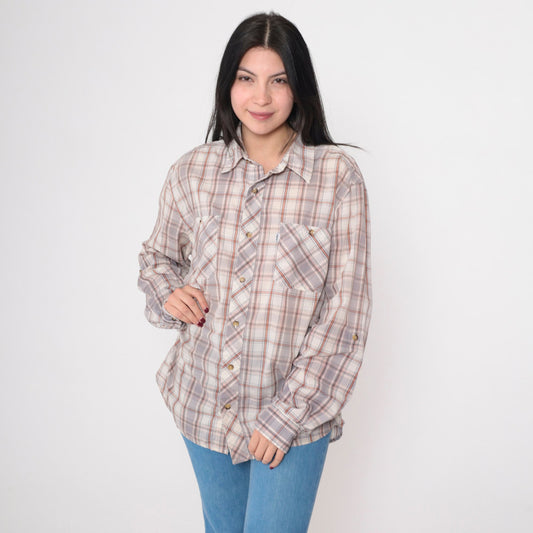 Y2K Levi's Plaid Button-Up Shirt Grey Orange Off-White Tartan Roll Tab Sleeve Large