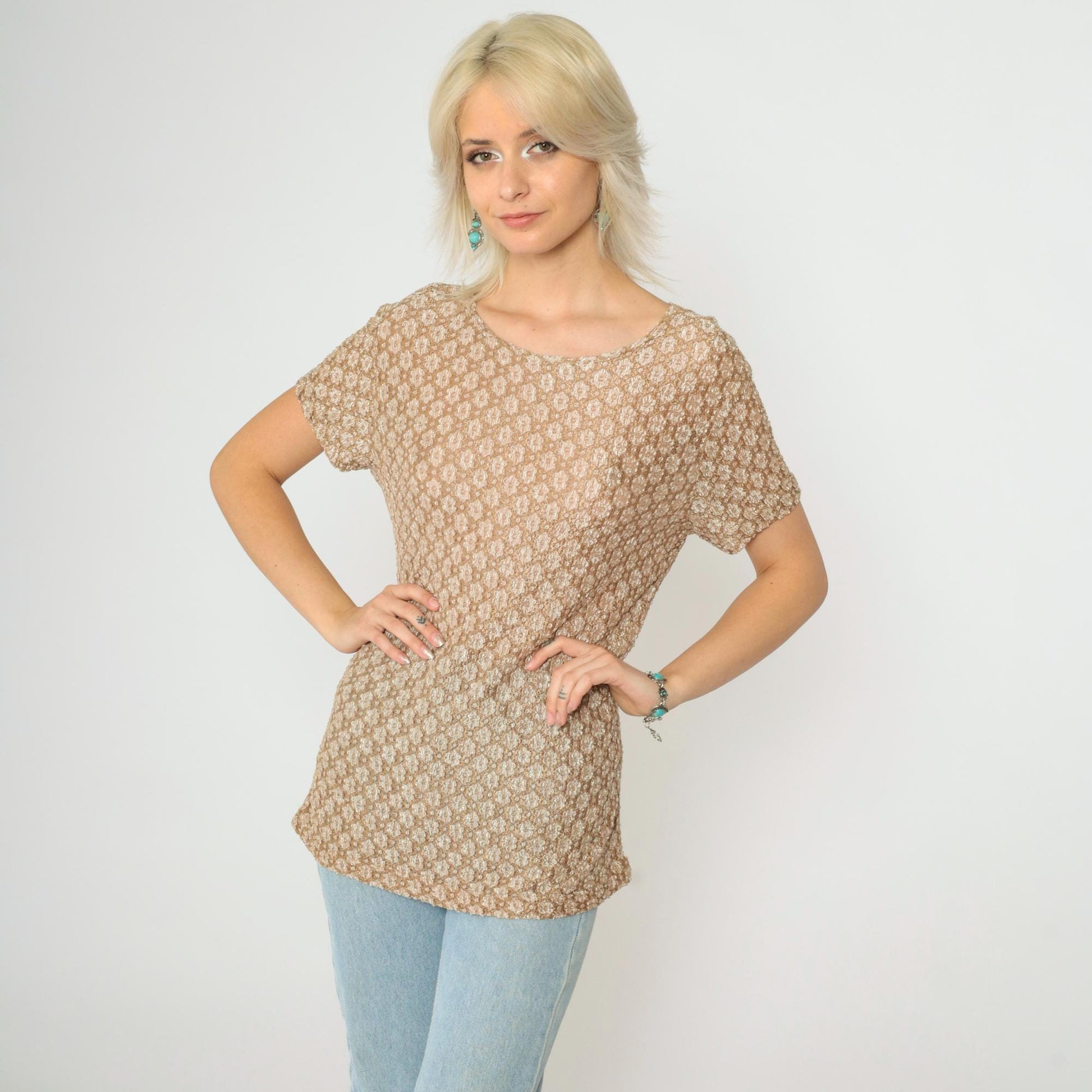 90s Clio Floral Lace Blouse Tan Short Sleeve Scoop Neck Medium