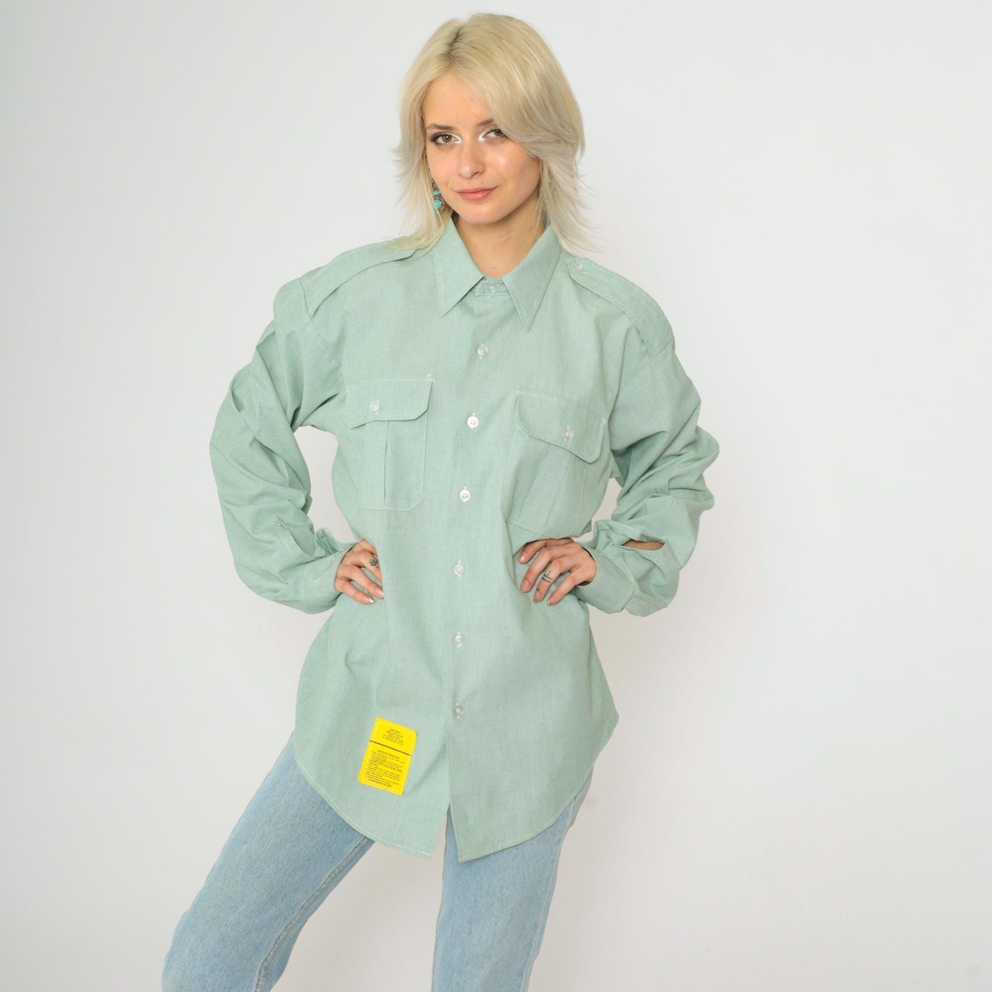 00s Light Green Button-Up Shirt Oxford Collar Long Sleeve Work Top XL