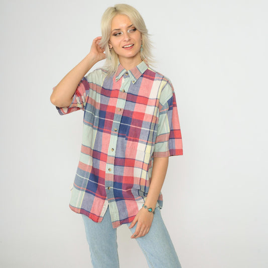 90s Lands End Plaid Button Up Shirt Blue Red Check Short Sleeve Medium