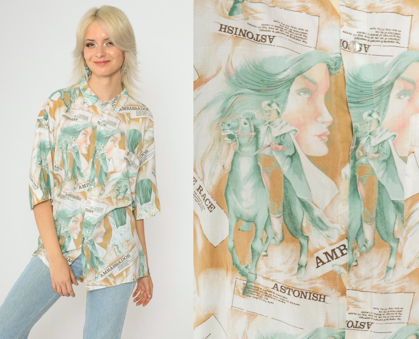 90s Horse Racing Ambassador Graphic Button-Up Shirt Short Sleeve Large