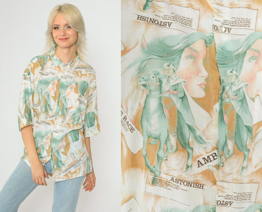 90s Horse Racing Ambassador Graphic Button-Up Shirt Short Sleeve Large